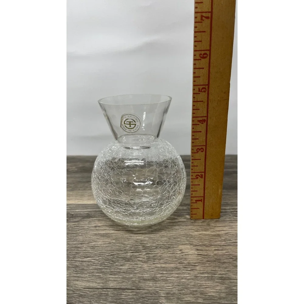 Hand Crafted Clear Crackle Art Glass Vase Round‎ Bulbous Flared Rim 4.5